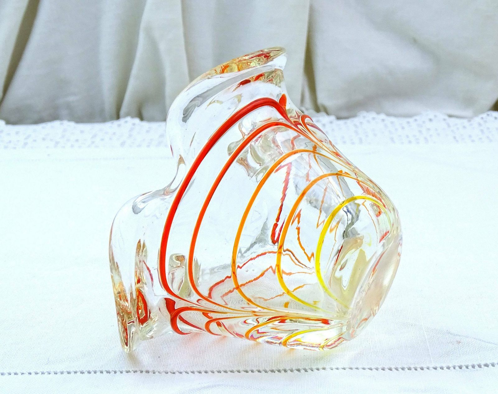Vintage Art Glass Ashtray Clear With Red Yellow And Orange Threaded Glass Pattern, Retro Handmade Glassware Dish, Murano Style Trinket Bowl photo for sale