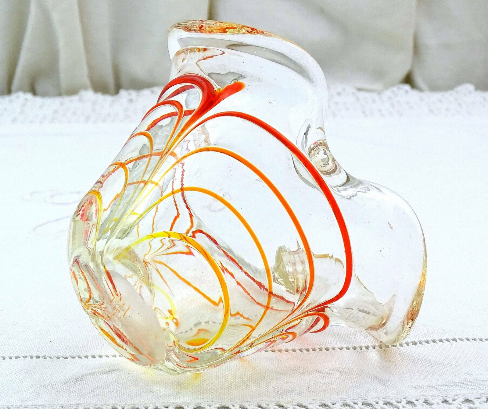 Vintage Art Glass Ashtray Clear With Red Yellow And Orange Threaded Glass Pattern, Retro Handmade Glassware Dish, Murano Style Trinket Bowl photo Home Decor