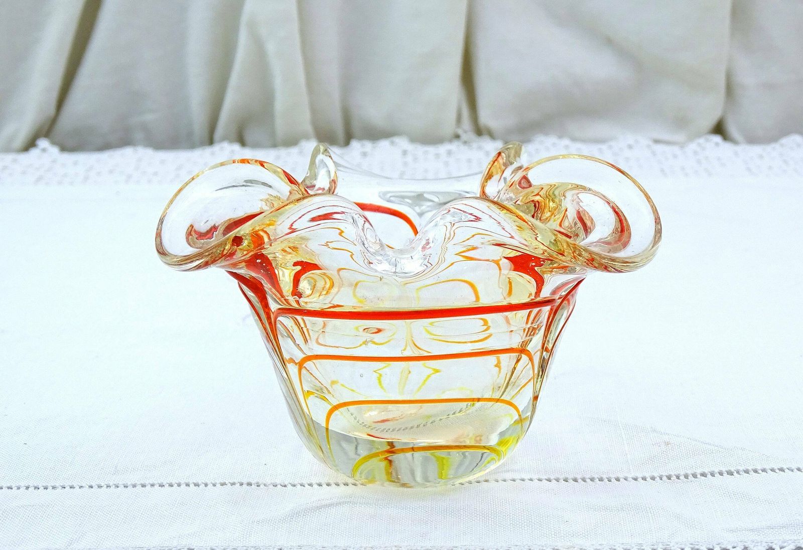 Vintage Art Glass Ashtray Clear With Red Yellow And Orange Threaded Glass Pattern, Retro Handmade Glassware Dish, Murano Style Trinket Bowl photo 60.0