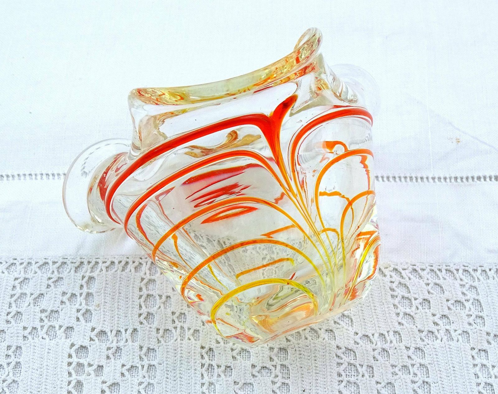 photo furniture Vintage Art Glass Ashtray Clear With Red Yellow And Orange Threaded Glass Pattern, Retro Handmade Glassware Dish, Murano Style Trinket Bowl