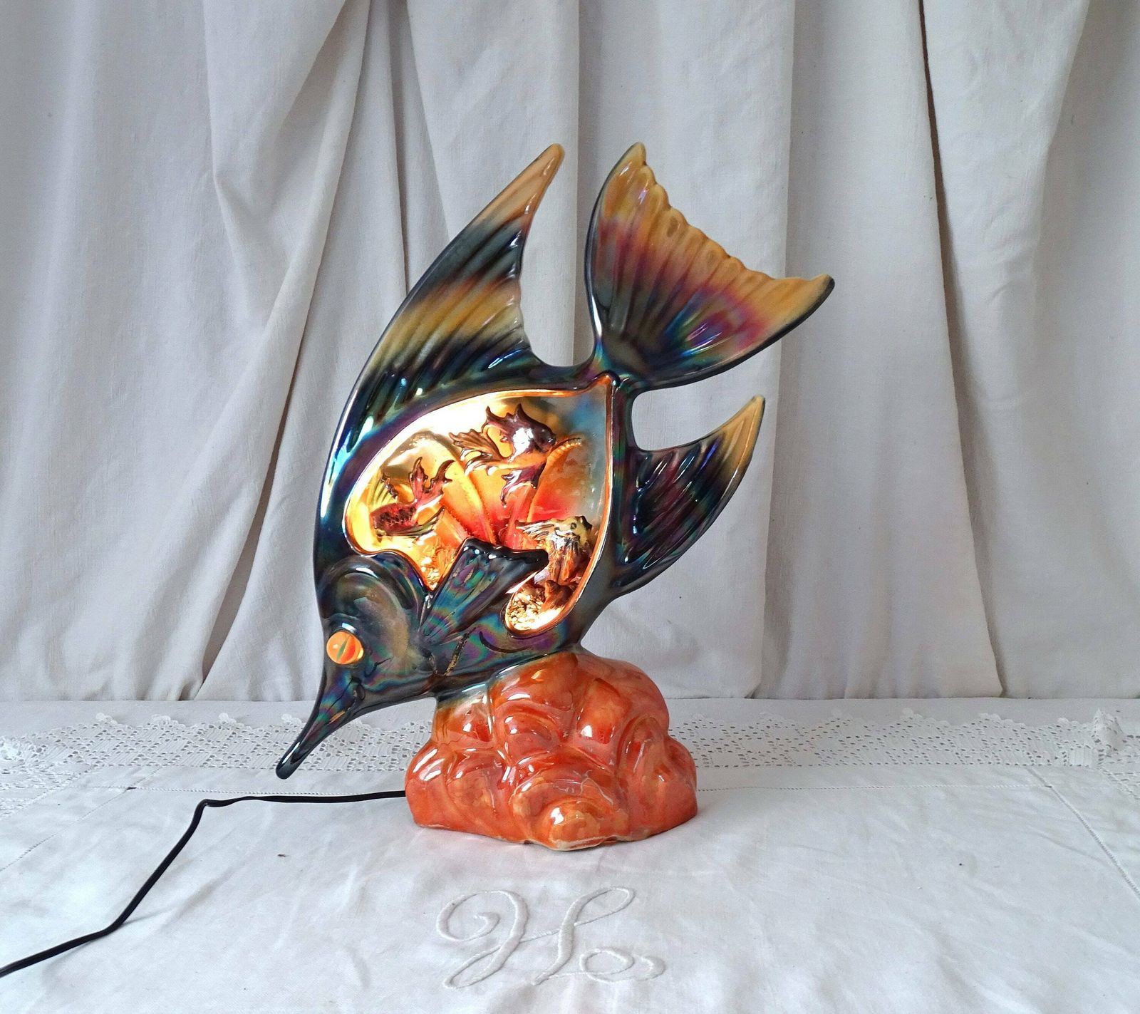 French Vintage Mid Century Vallauris Table Lamp Fish, Retro 1960s Monaco Encrusted Light, Kitsch Fun Novelty Zoomorphic Seaside Lighting photo furniture