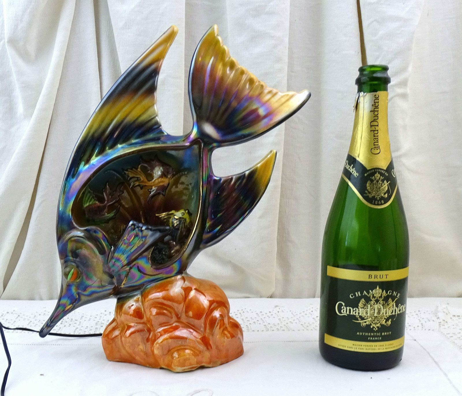 French Vintage Mid Century Vallauris Table Lamp Fish, Retro 1960s Monaco Encrusted Light, Kitsch Fun Novelty Zoomorphic Seaside Lighting photo vintage