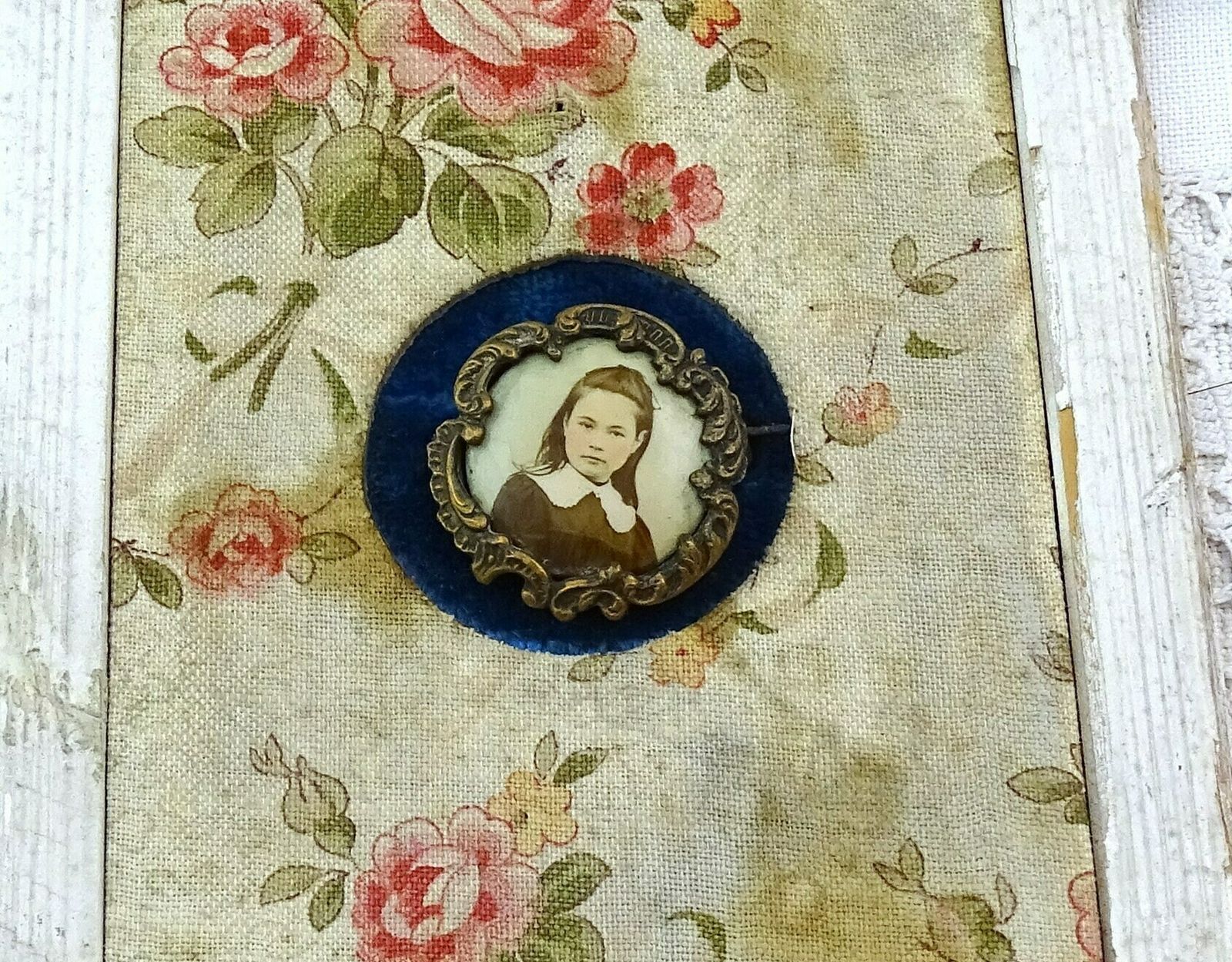Antique French Shabby White Wooden Frame Floral Fabric And Photograph Brooch Of Young Girl, Wall Mounted Retro Chateau Chic Jewelry Stand photo buy