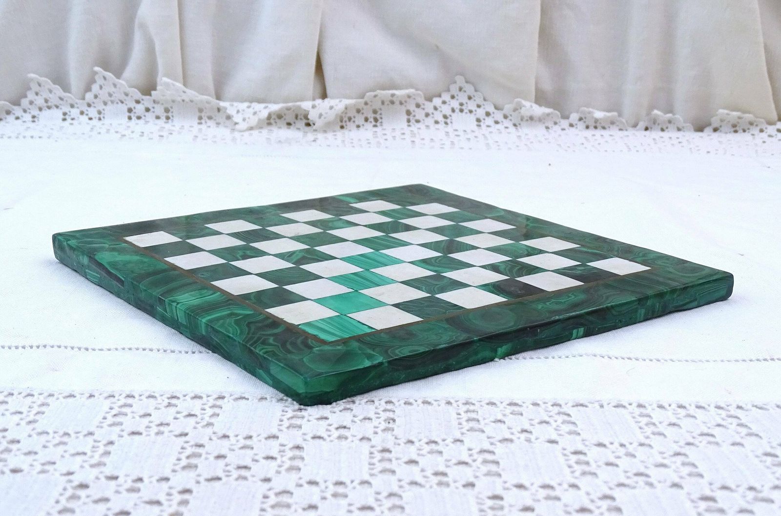 Vintage Inlaid Malachite Semi Precious Stone Chess Board With Bronze Metal Banding, Retro Luxury Exotic Board Game In Green And White photo buy