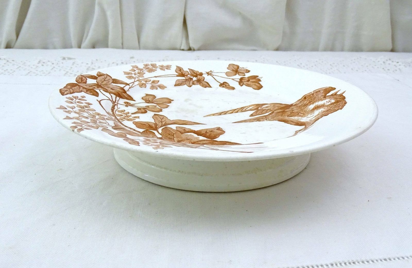 Antique French Longwy Ironstone Pottery Comport Dish With Bird Pattern In Brown, Retro Chic Pedestal Cake Stand / Fruit Bowl China Taza Bowl photo vinterior