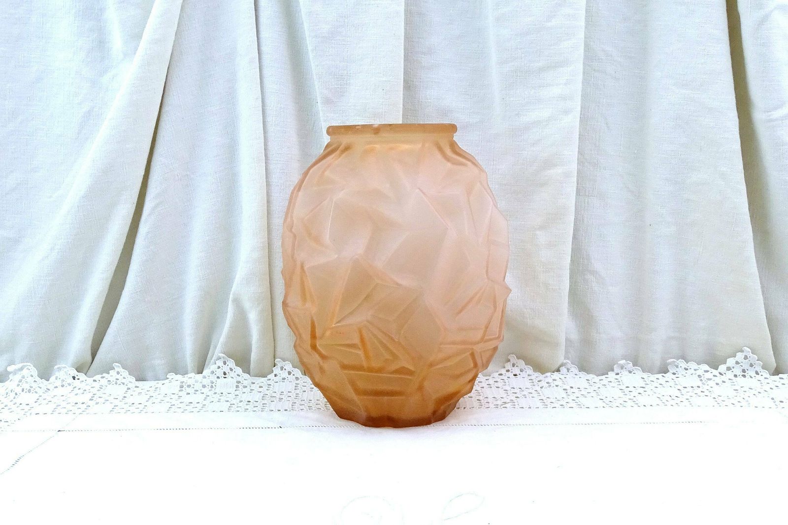 Antique French Art Deco Frosted Pink Glass Vase Geometric Patterns, Retro 1930 Decorative Glassware From France, Flower Accessory Home Decor