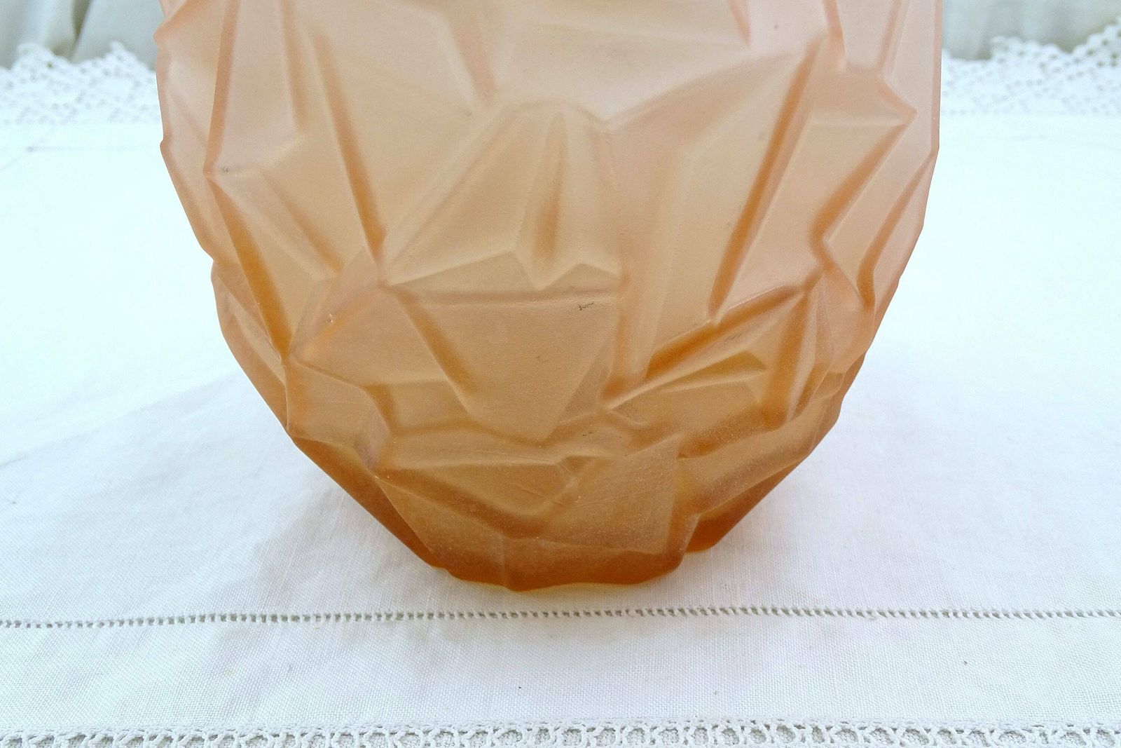 Antique French Art Deco Frosted Pink Glass Vase Geometric Patterns, Retro 1930 Decorative Glassware From France, Flower Accessory Home Decor photo for sale