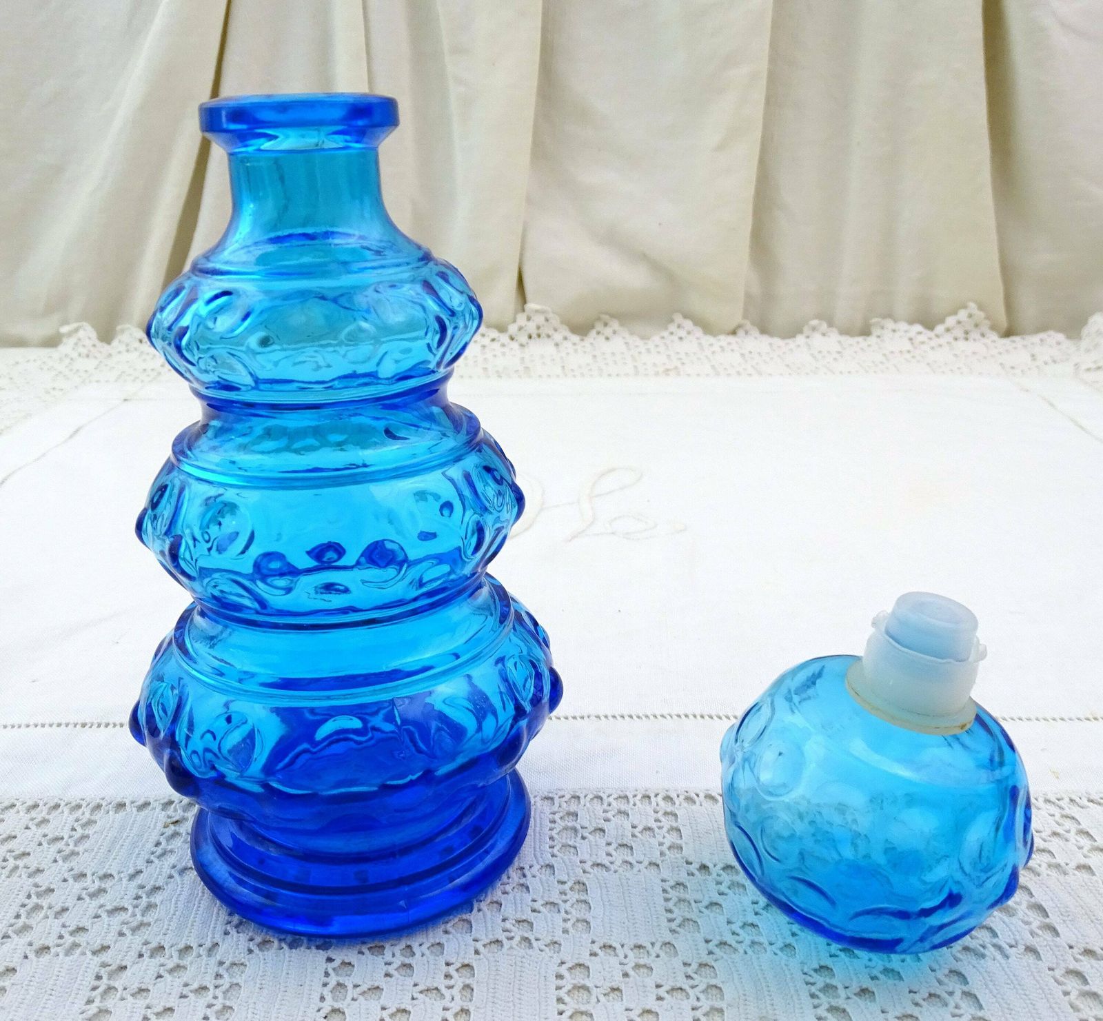 Vintage Mid Century Colbalt Blue Empoli Glass Carafe Stopper, Retro 1960s Large Perfume Bottle Italy, Italian Collectible Decanter Glassware photo 74.0