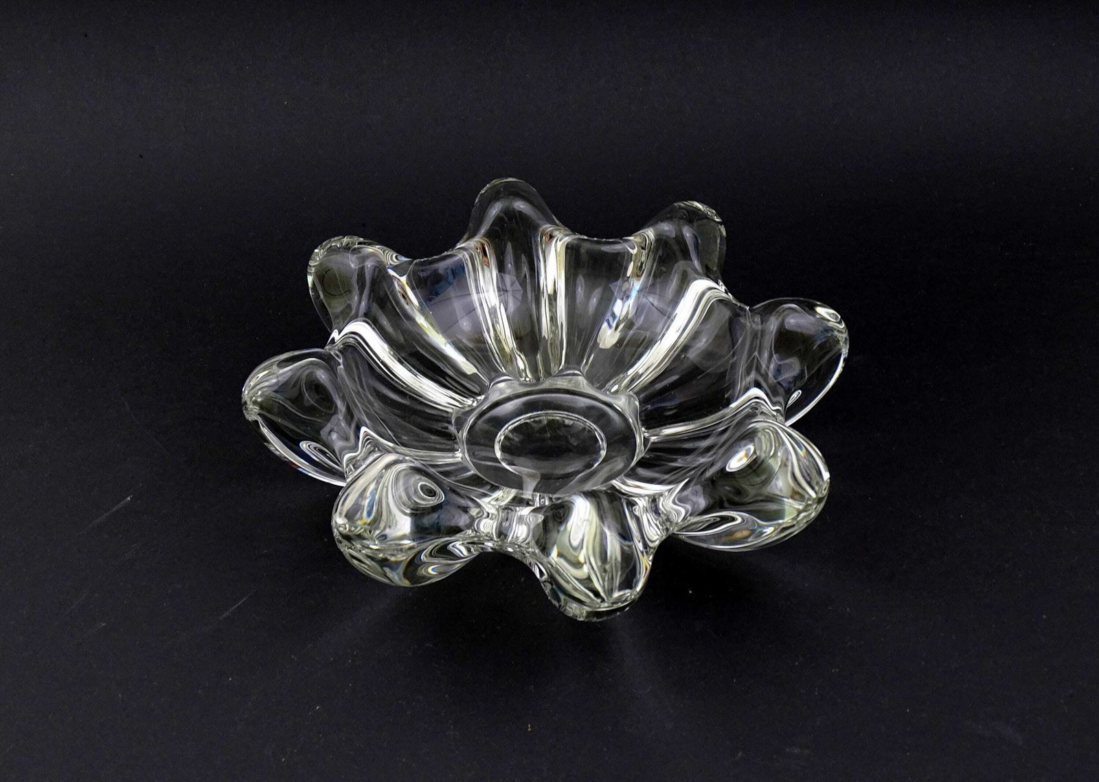 Grote Vintage Franse Mid Century Kristallen Glazen Schaal, Retro Jaren 1960 Helder Kunstglas Centerpiece Uit Frankrijk, Zwaar Glaswerk Asbak
