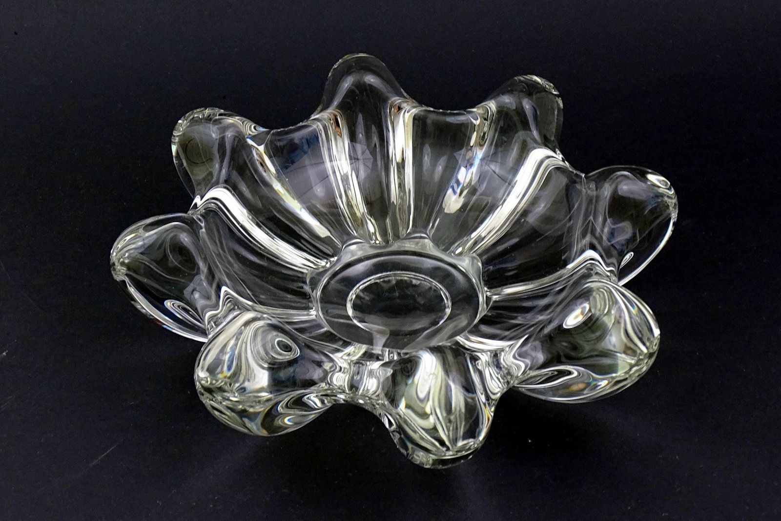 Large Vintage French Mid Century Crystal Glass Bowl, Retro 1960s Clear Art Glass Center Piece From France, Chunky Glassware Ashtray photo vintage