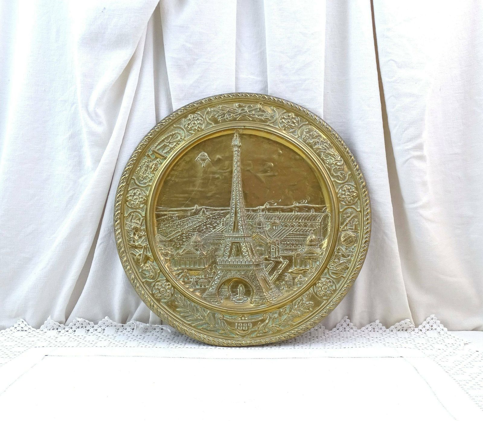 Antique French Celebratory Brass Wall Plate Of 1889 Paris Exposition With The Eiffel Tower, Antique 19th Century Metal Charger Parisian Show