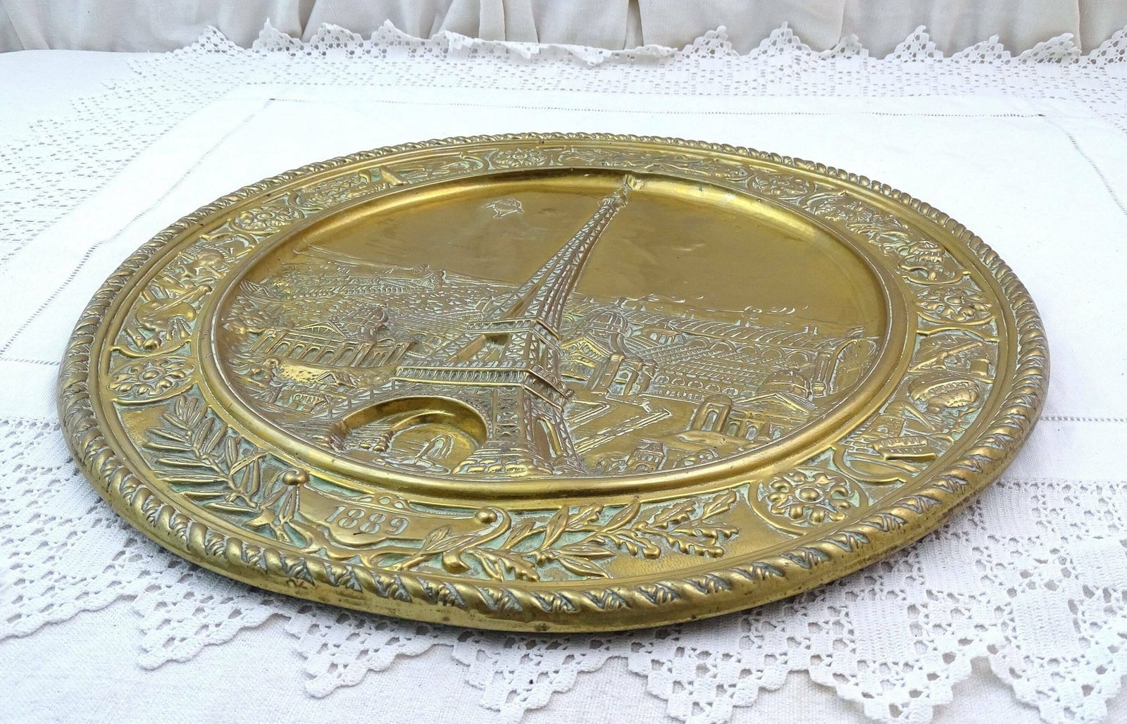 Antique French Celebratory Brass Wall Plate Of 1889 Paris Exposition With The Eiffel Tower, Antique 19th Century Metal Charger Parisian Show photo for sale