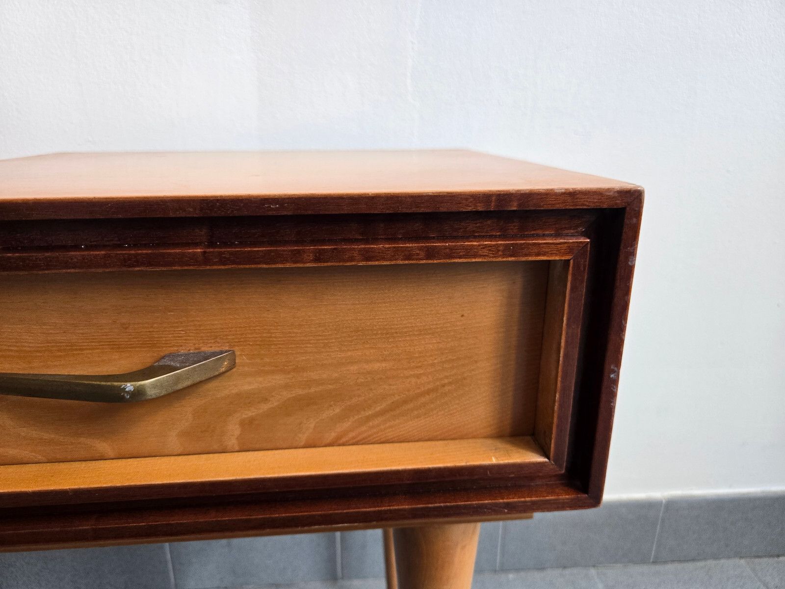 photo for sale Pair Of Vintage 1960s Asymmetrical Bedside Tables And Heter Varnish & Brass 60s