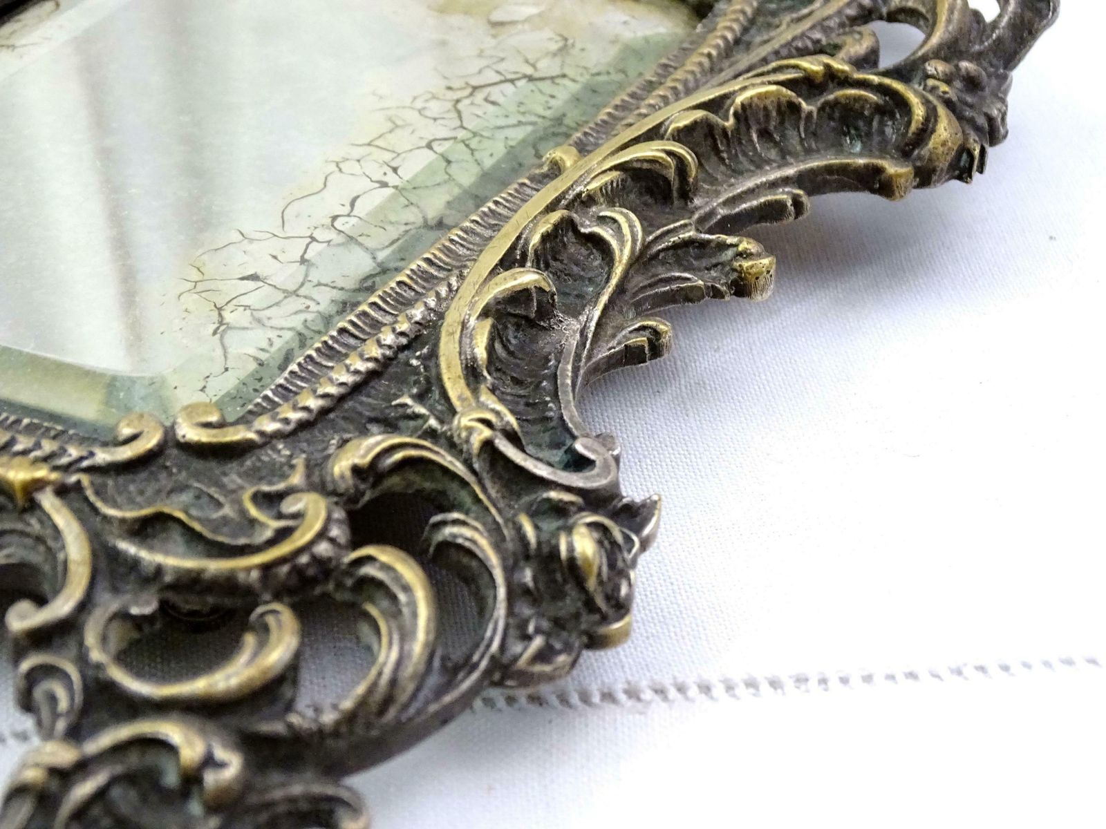 Antique French 18th Century Free Standing Worn Silver Plated Bronze Framed Distressed Mirror, Retro Rococo Ornate Framed Looking Glass photo vinterior