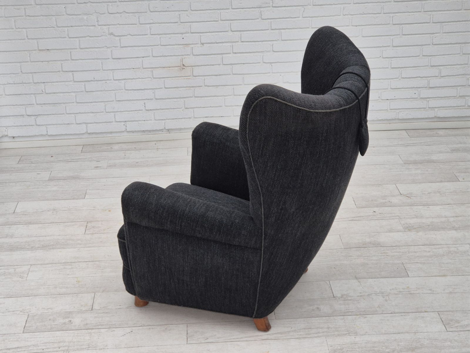 Furniture 1960s, Danish Relax Armchair, Reupholstered, Gray Furniture Fabric. photo