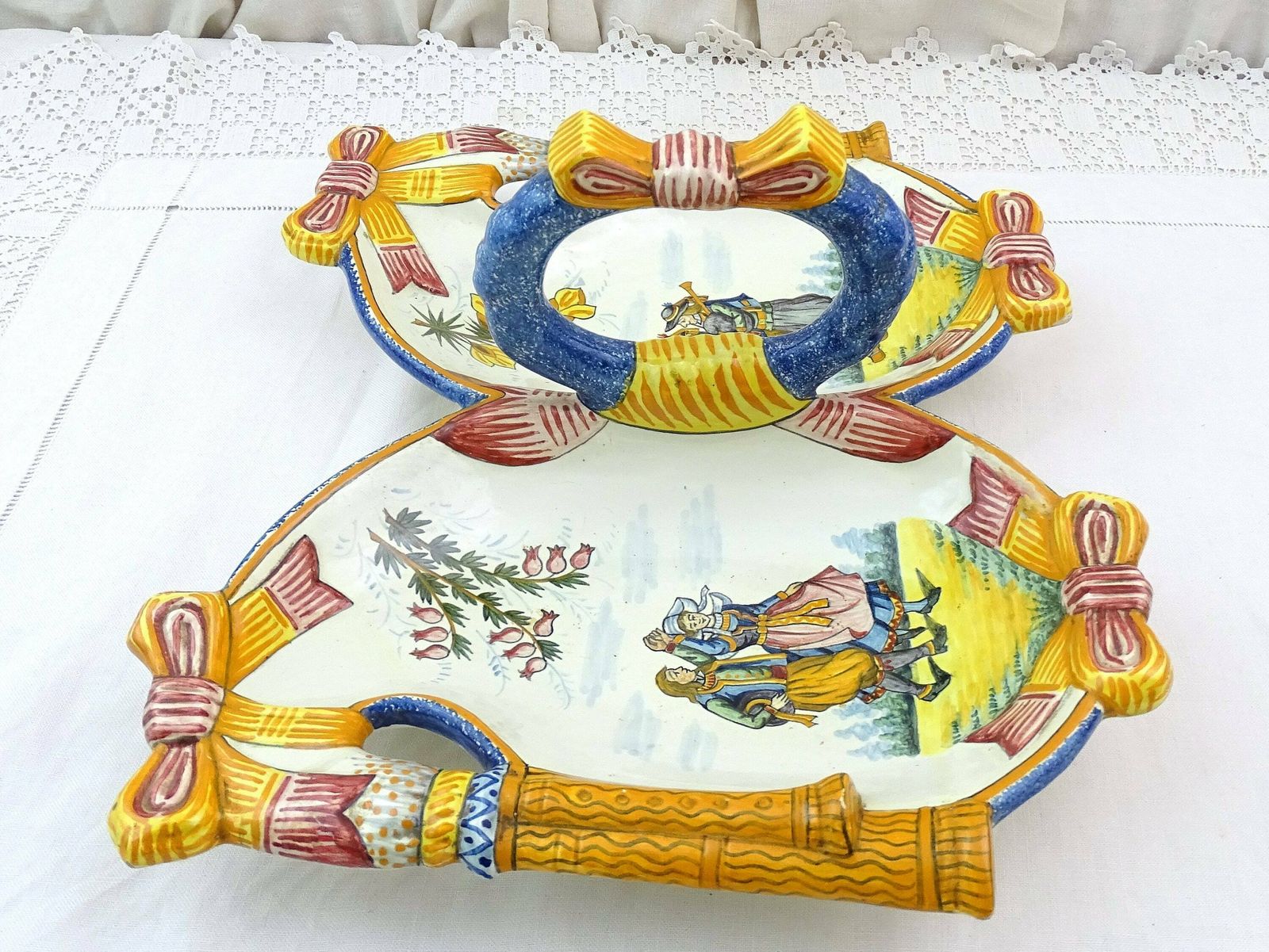 Large Antique French Breton Henriot Quimper Divided Serving Dish Handle In Traditional Celtic Design, Vintage Pottery From Brittany Bagpipes photo for sale