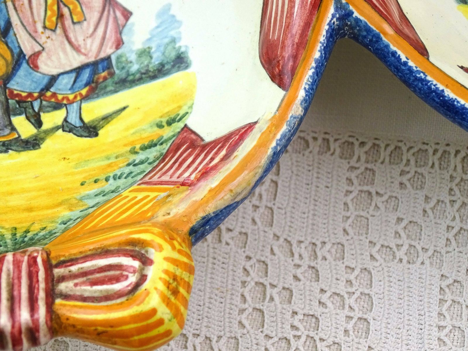 Large Antique French Breton Henriot Quimper Divided Serving Dish Handle In Traditional Celtic Design, Vintage Pottery From Brittany Bagpipes photo vintage