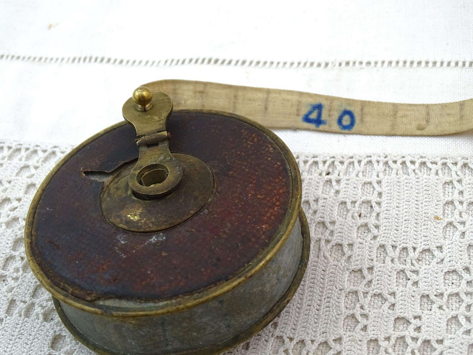 Antique French Working Leather Covered Brass 19th Century 10 Meter Retractable Fabric Tape Measure, Retro 1800s Measuring Tool From France photo for sale