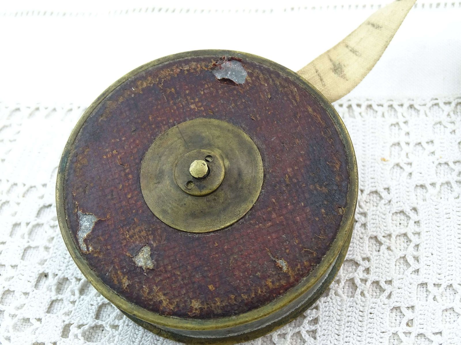 Antiek Frans Intrekbaar Stoffen Meetlint, Leer Bekleed Messing, 19e Eeuw, 10 Meter, Ca. 1800s, Frankrijk photo Woonaccessoires