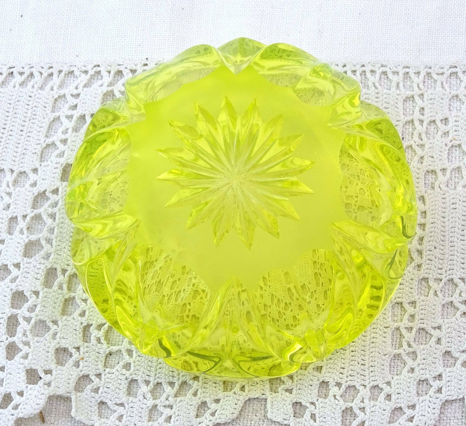 Small Antique Uranium Crystal Glass Trinket Round Dish, Retro Green Yellow Glassware Condiment Accessory From France, Glowing Glass Curio photo for sale