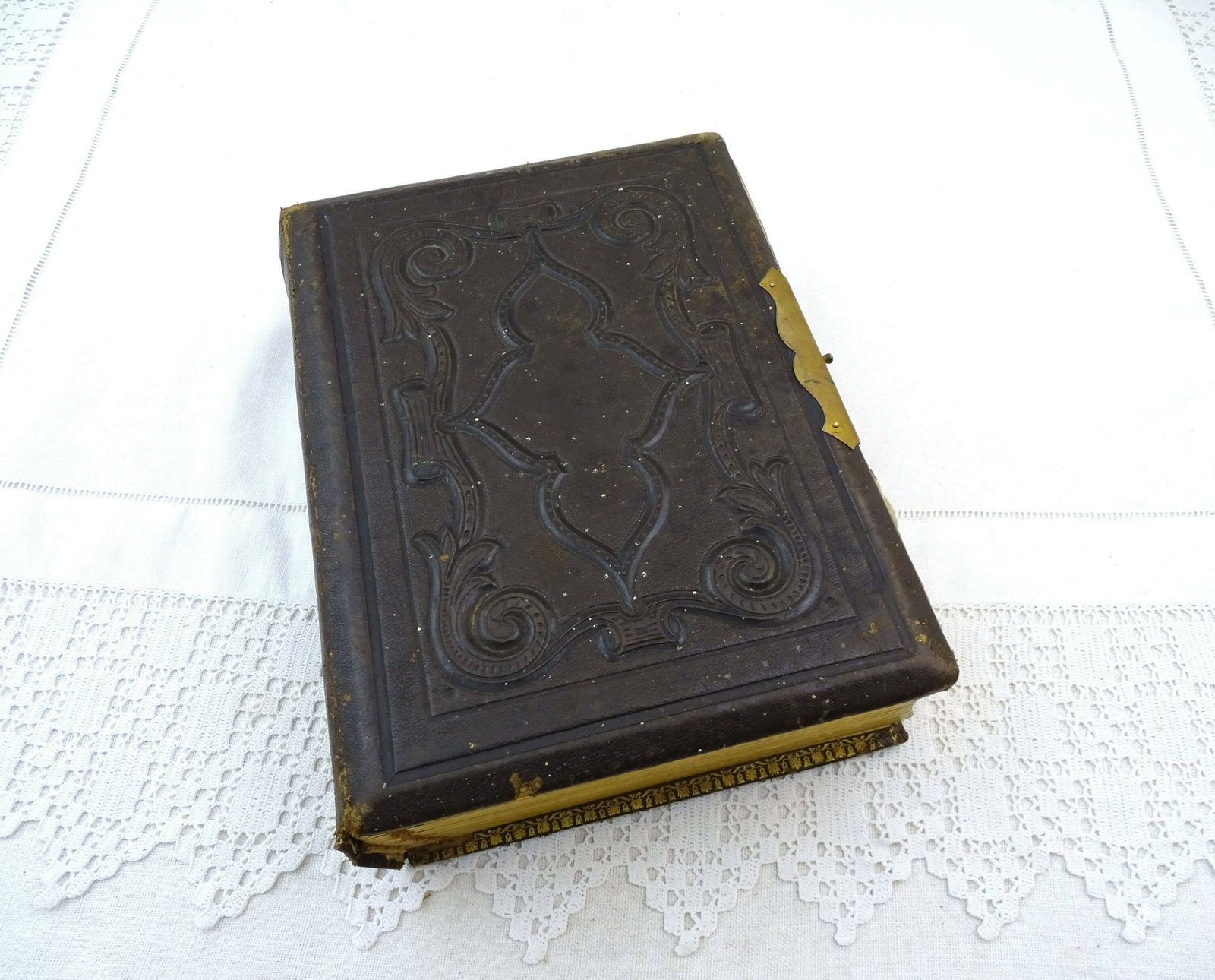 Antique French Large Thick Victorian Photo Album With Embossed Leather Cover And 42 Black And White Family Photographs, Old Book France photo Art