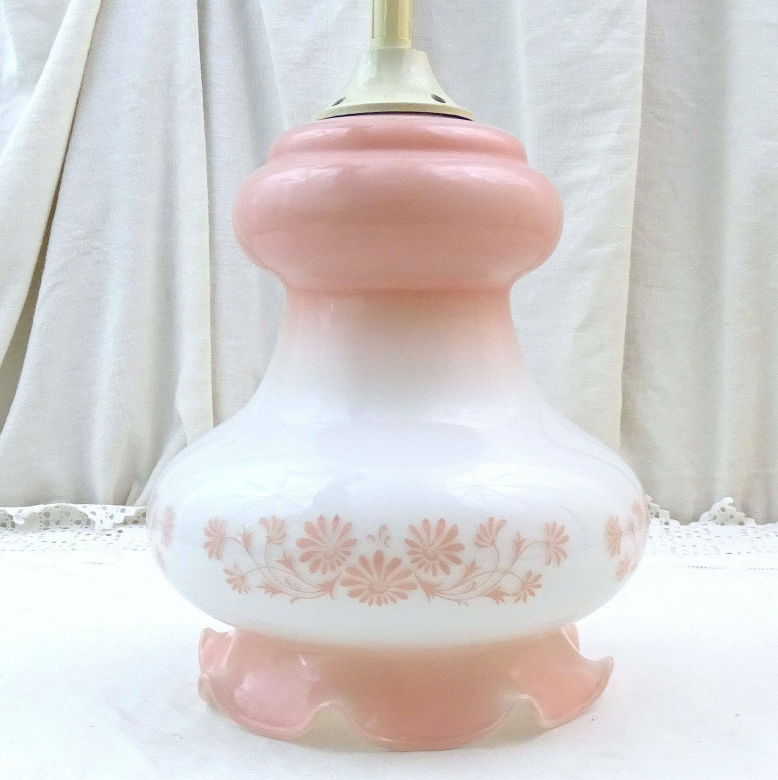 Vintage French Mid Century White And Pink Opaline Pendant Hanging Lamp Shade, Retro 1960s / 1970s Glass Ceiling Light From France photo furniture