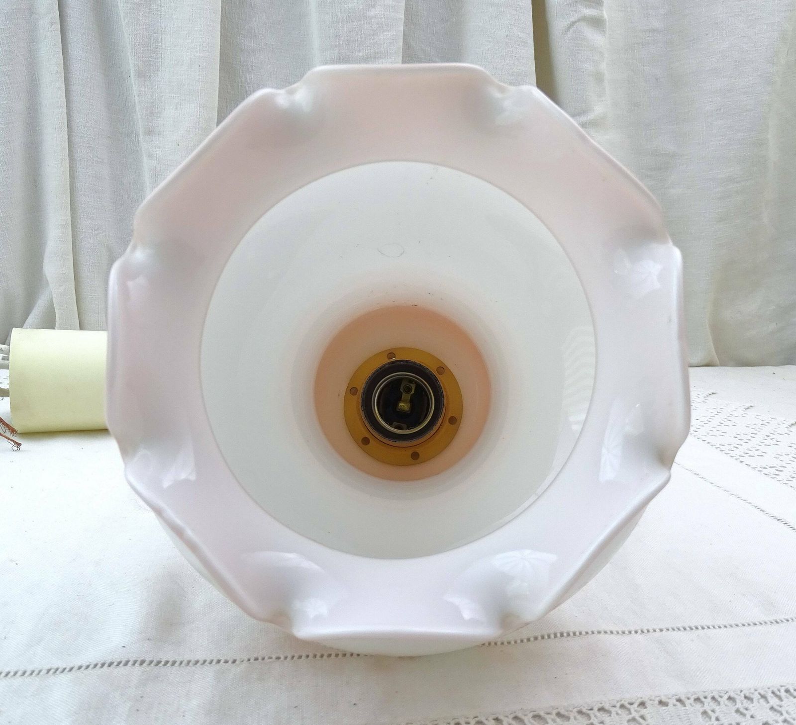 Vintage French Mid Century White And Pink Opaline Pendant Hanging Lamp Shade, Retro 1960s / 1970s Glass Ceiling Light From France photo vinterior