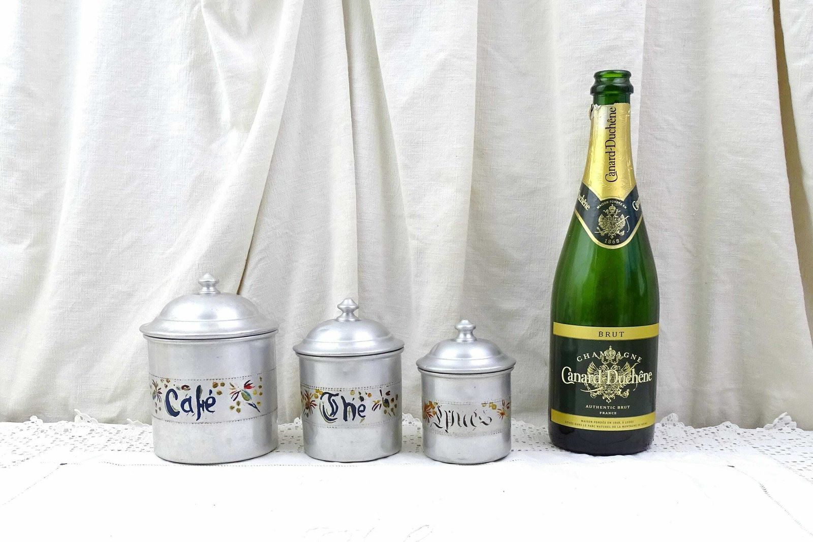 Antique French 3 Piece Canister Set White Silver Metal With Handpainted Labels And Pointed Lids, Retro Old World Kitchen Decor From France