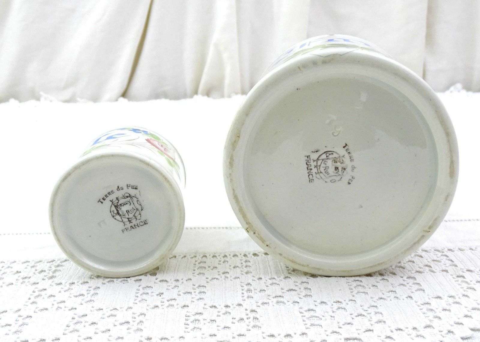 2 Antique French Ironstone Ceramic Canister Jars No Lids And Handpainted Rose Flower Pattern By Choisy Le Roi, Vintage Ironware Pottery photo buy