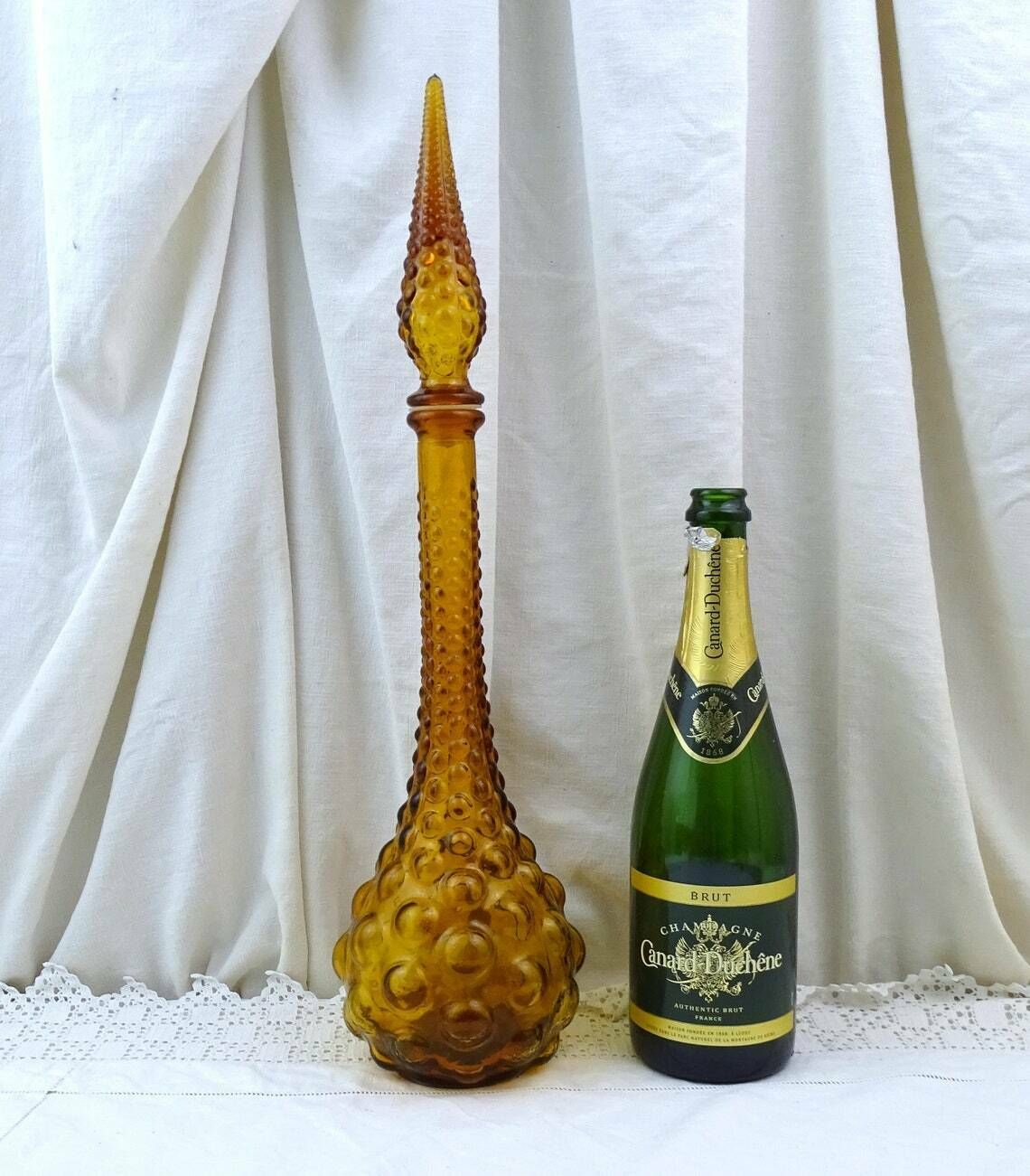 Large Tall Vintage Italian Empoli Style Mid Century 1960s Amber Glass Genie Bottle Floor Decanter With Stopper  European Glassware Carafe photo for sale