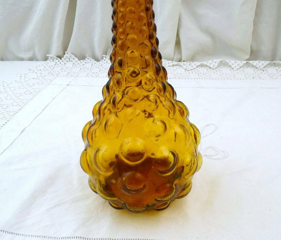 Large Tall Vintage Italian Empoli Style Mid Century 1960s Amber Glass Genie Bottle Floor Decanter With Stopper  European Glassware Carafe photo Home Decor