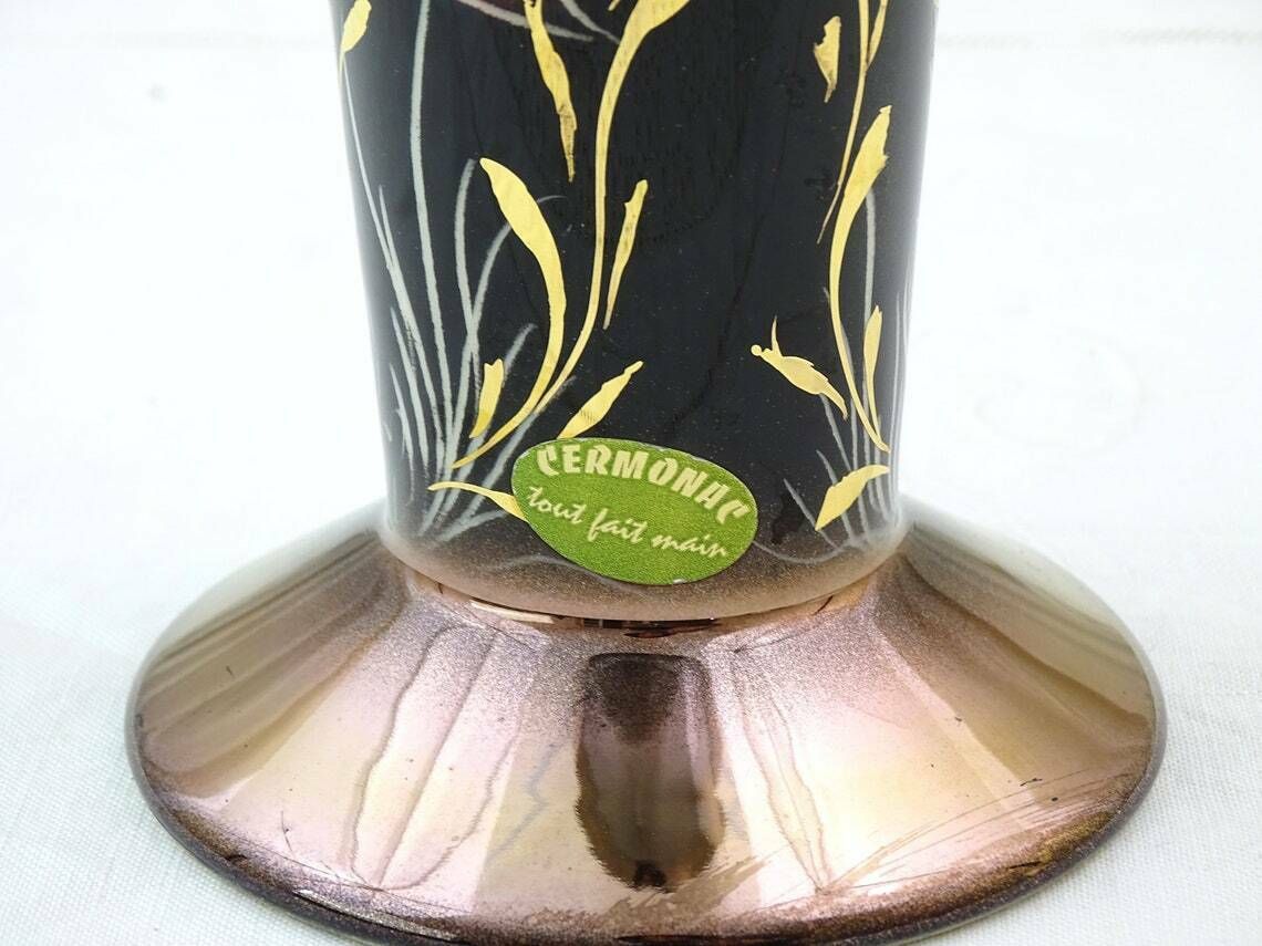 Large 1950s Mid Century Vintage French Hand Painted Lusterware Footed Conical Fluted Vase Exotic Fish Pattern On Black Kitsch Mcm Pottery photo vintage