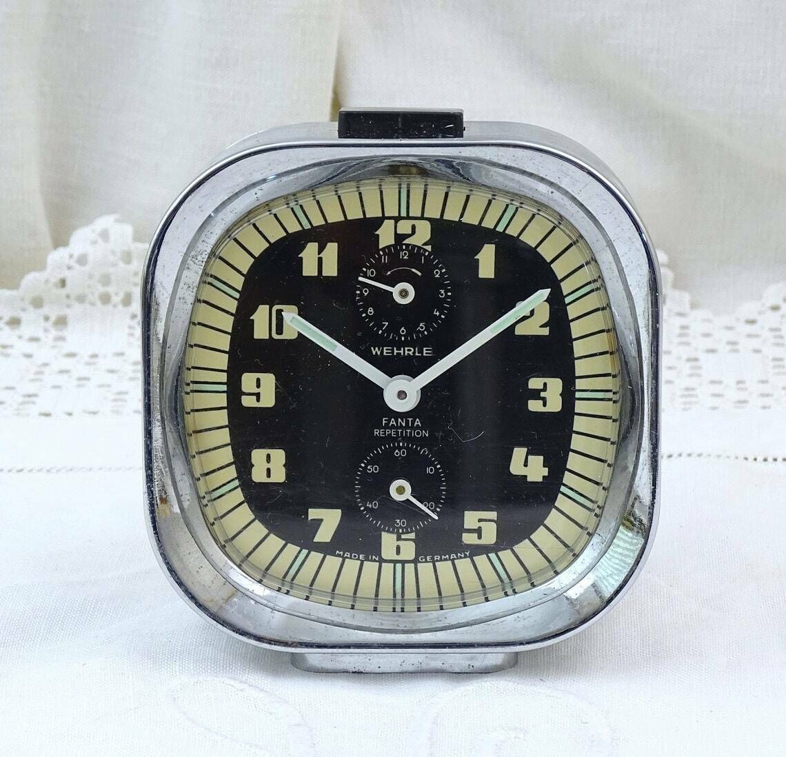 Vintage Mid Century Working German Wehrle Fanta Repetition Wind Up Alarm Clock In Silver  Retro 1960s Bedside Mechanical Time Piece Germany photo furniture