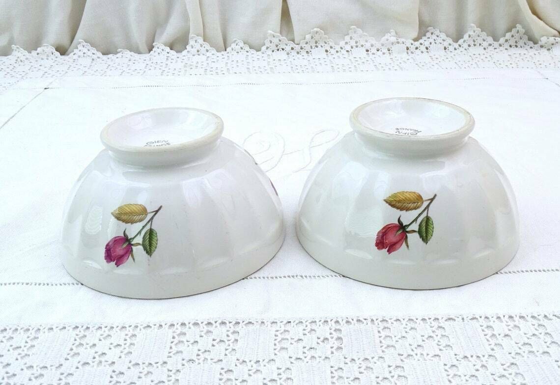 Pair Of 2 Vintage French Gien Coffee Bowls With Pink Rose Flower Pattern, Retro Breakfast Tableware Accessory From France, Country Farmhouse