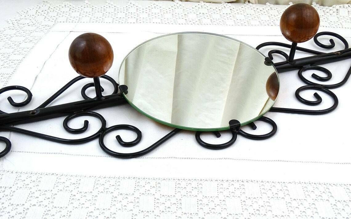 Vintage French Wall Mounted 4 Ball Hook Coat Rack With Round Mirror And Black Forged Metal Frame, Retro 1960s Hall Furniture From France photo vinterior