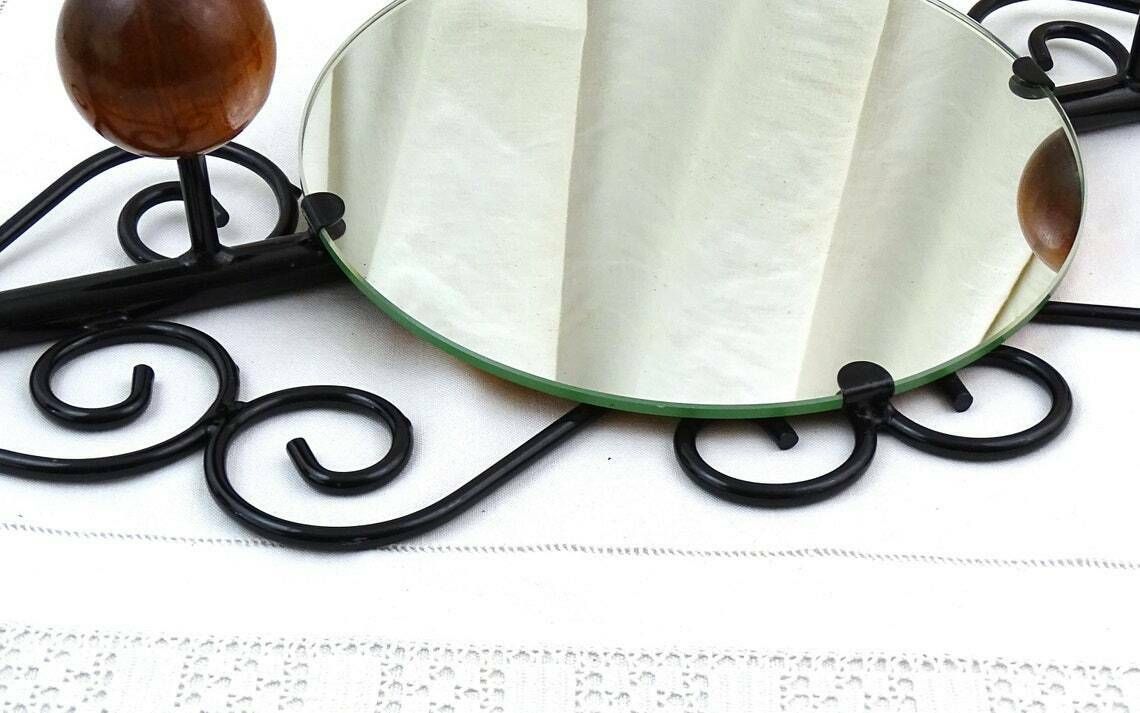 Vintage French Wall Mounted 4 Ball Hook Coat Rack With Round Mirror And Black Forged Metal Frame, Retro 1960s Hall Furniture From France photo vintage