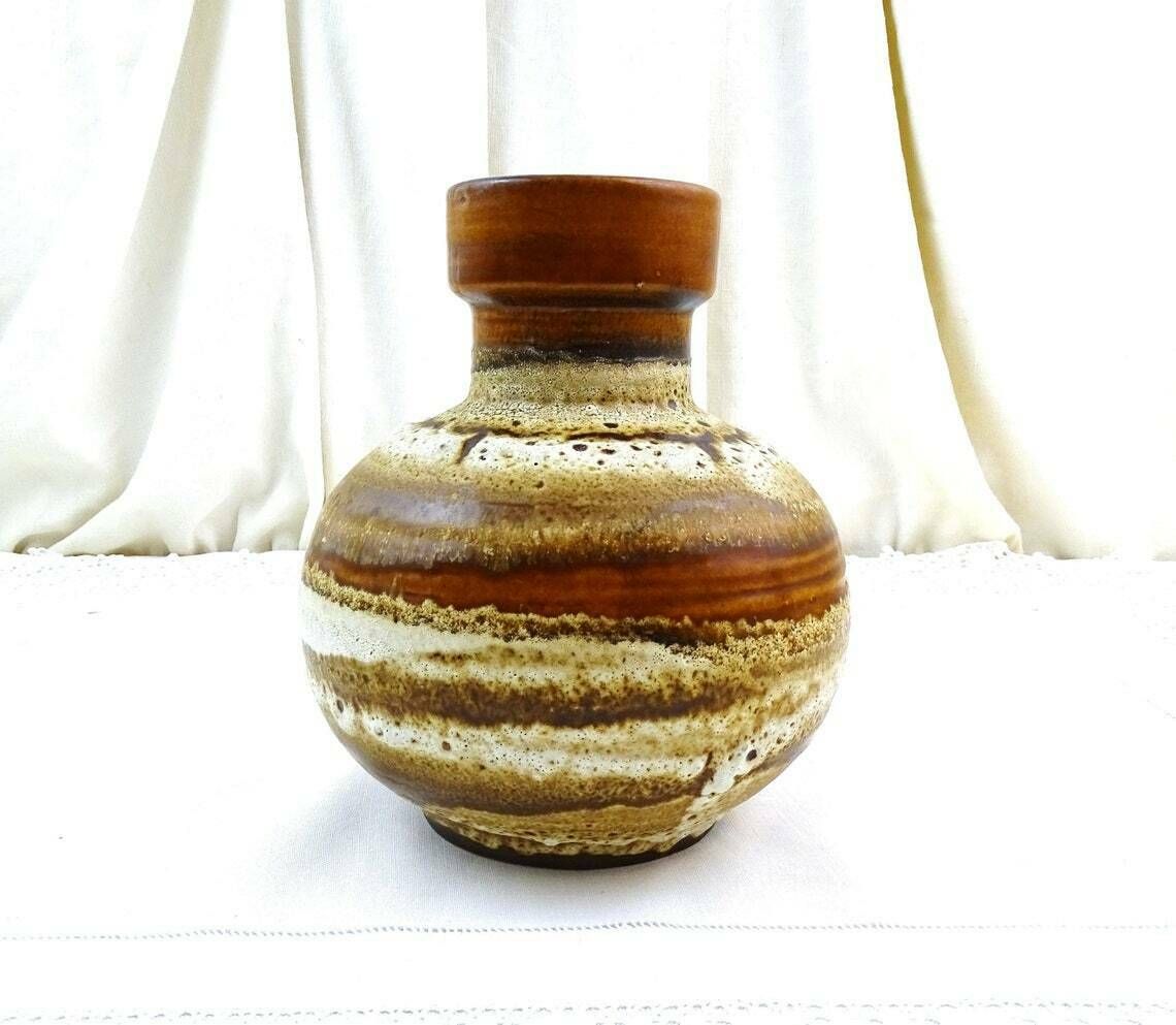 Round Vintage Mid Century West German Table Vase With Brown Striped Fat Lava Glaze By Carstens Tonnieshof For Keramik Model Number 1608 20