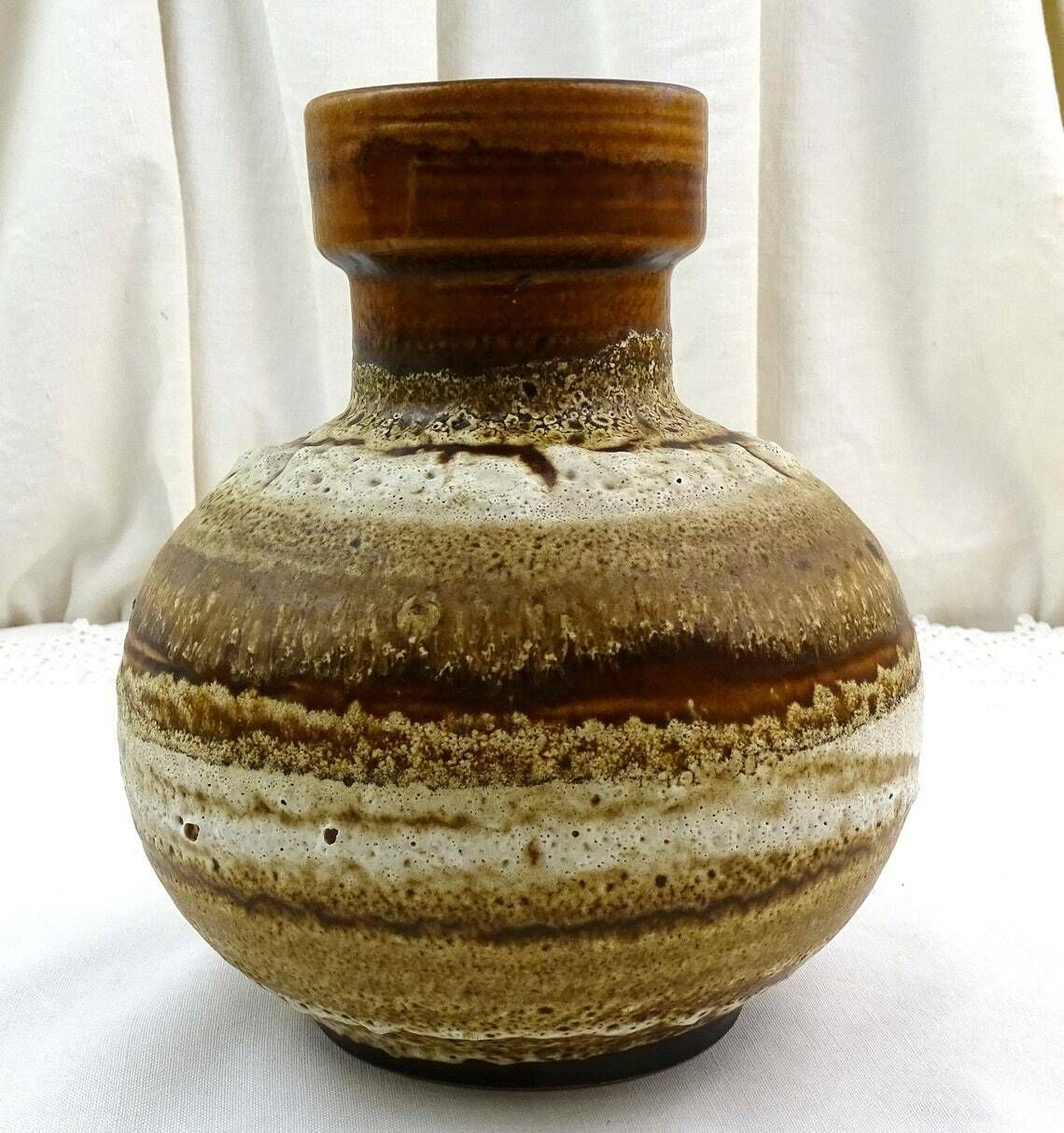 Round Vintage Mid Century West German Table Vase With Brown Striped Fat Lava Glaze By Carstens Tonnieshof For Keramik Model Number 1608 20 photo Home Decor