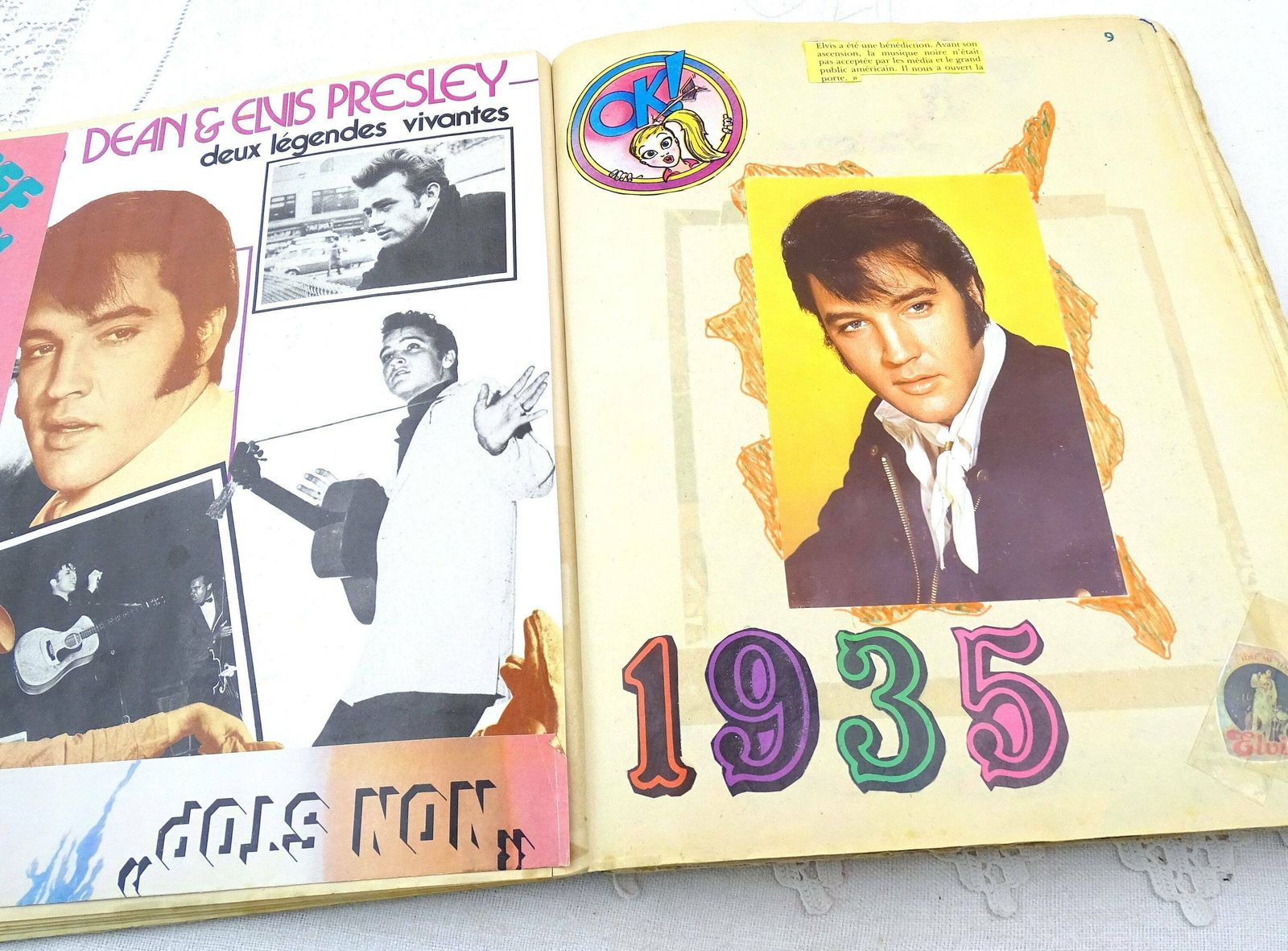 Scrapbook vintage français fait main, Elvis Presley et James Dean, collage rétro unique de coupures de presse, ancienne collection photo Décoration