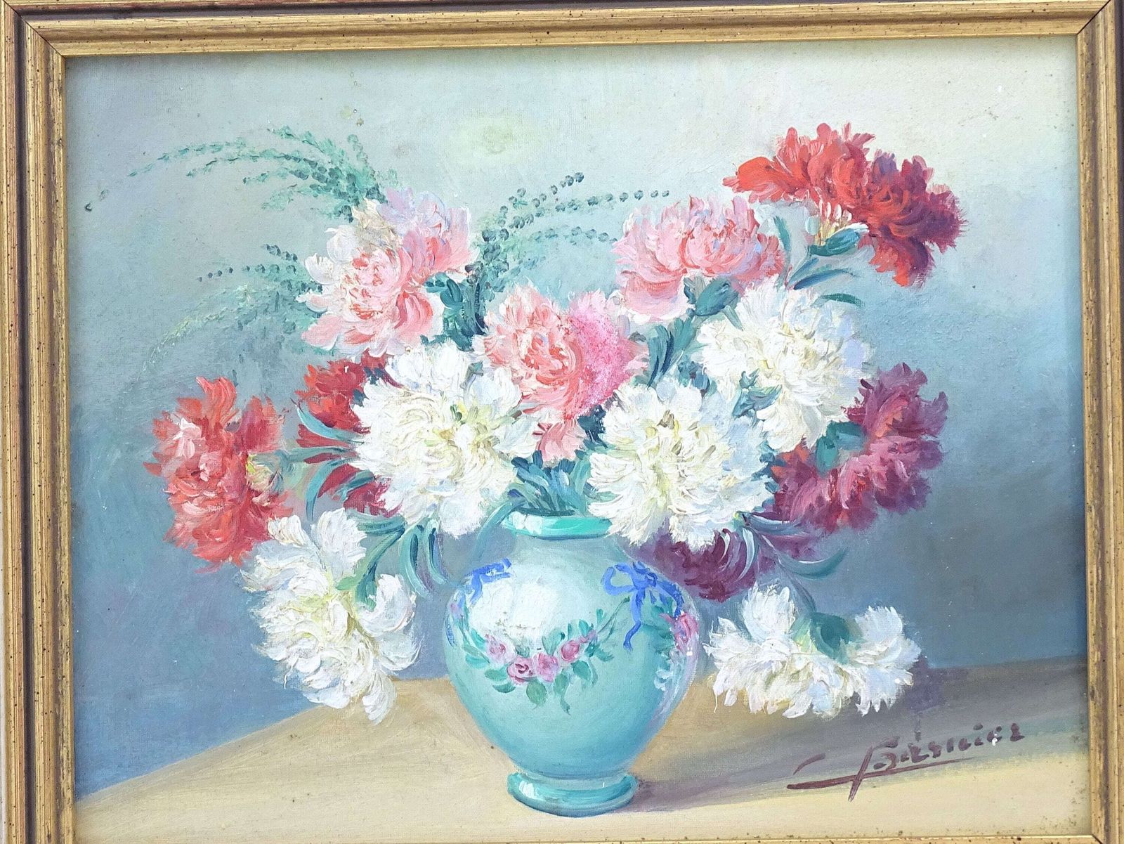 Vintage Frans Ingelijst Olieverfschilderij Van Anjers In Een Vaas, Met De Hand Geschilderd, Roze, Rood En Wit Bloemenmotief, Vergulde Lijst photo Kunst
