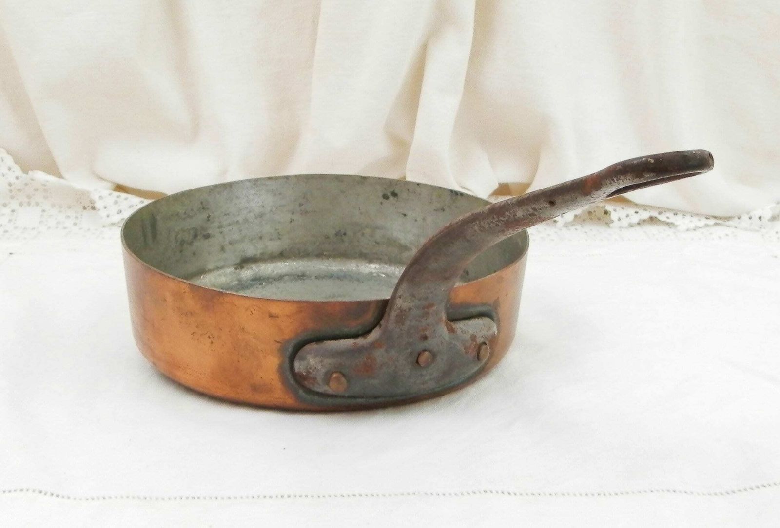 Antique French Saute Pan Copper And Tin Lined Cast Iron Handle, Retro Old Chefs Cooking Fry Pan From France, Shabby Chateau Kitchen Cooking photo furniture