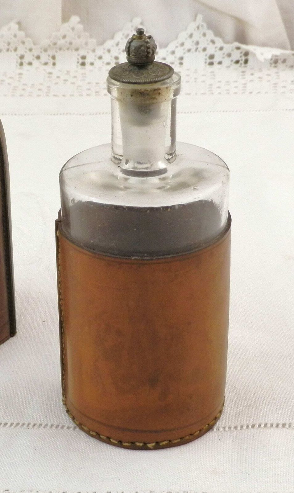 French Antique Travel Scent Perfume Glass Bottle With Leather Cover, Vintage Luggage Accessory From France, Retro Boudoir Grooming Curio photo for sale