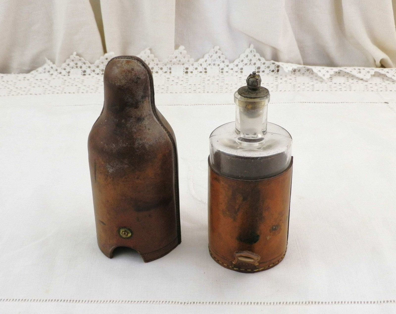 French Antique Travel Scent Perfume Glass Bottle With Leather Cover, Vintage Luggage Accessory From France, Retro Boudoir Grooming Curio photo vinterior
