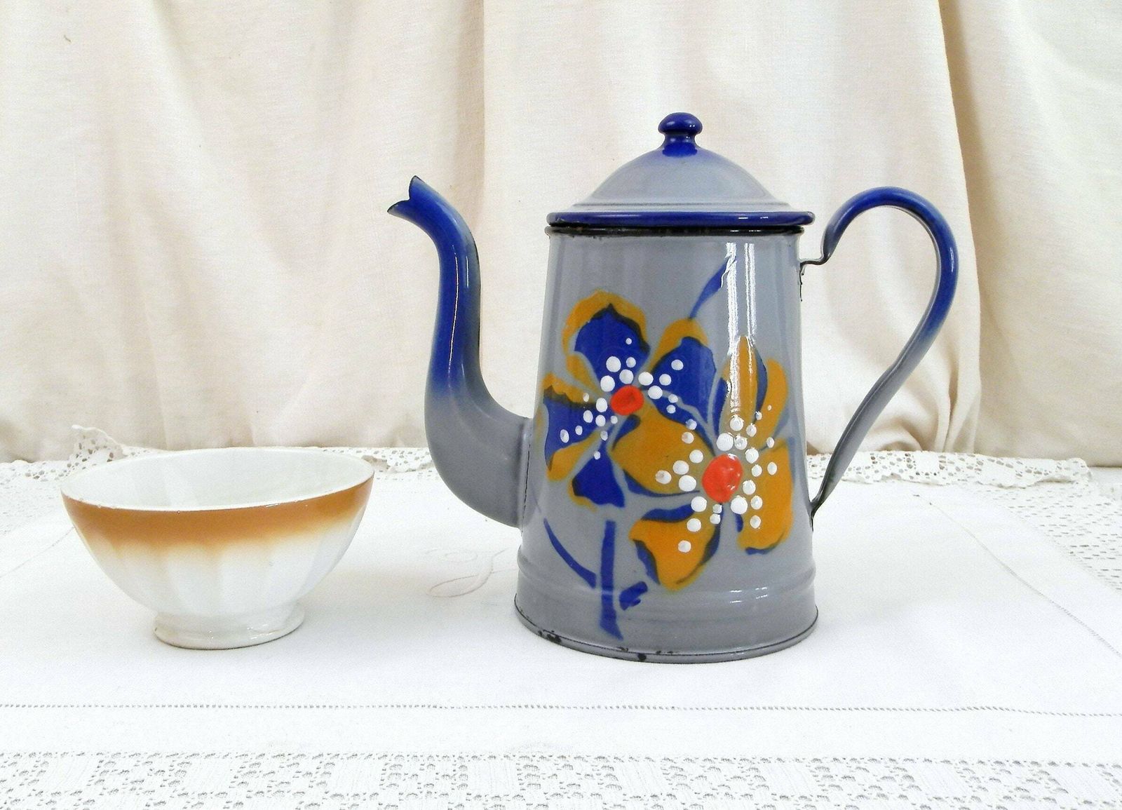 Antique French Painted Flower Pattern Blue Porcelain Enamel Goose Neck Coffee Pot, Enamelware Cafetiere From France, Country Kitchen Decor