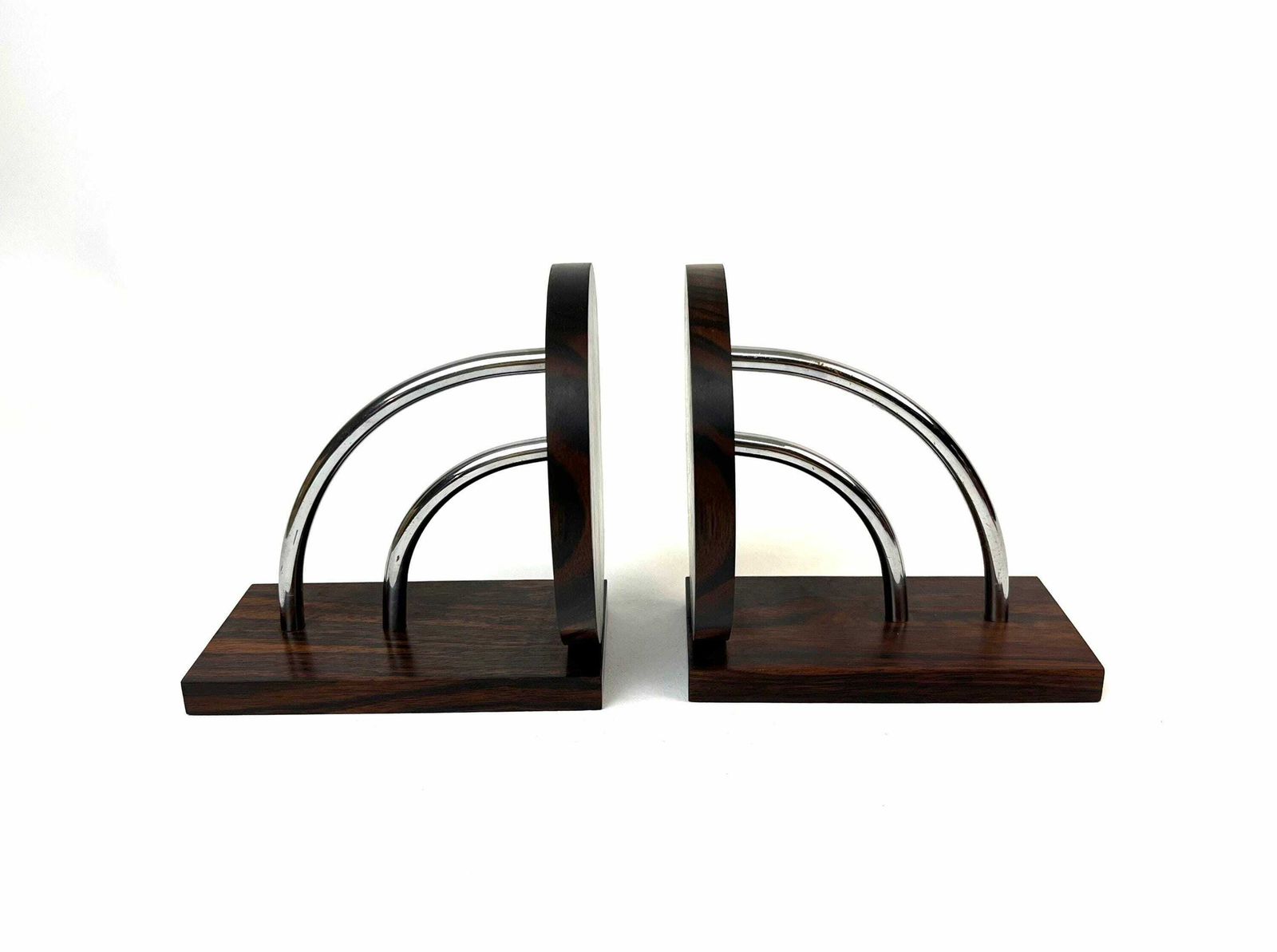 Stunning Bauhaus Art Deco Avantgarde Geometric Cubist Pair Rosewood Chrome Bookends