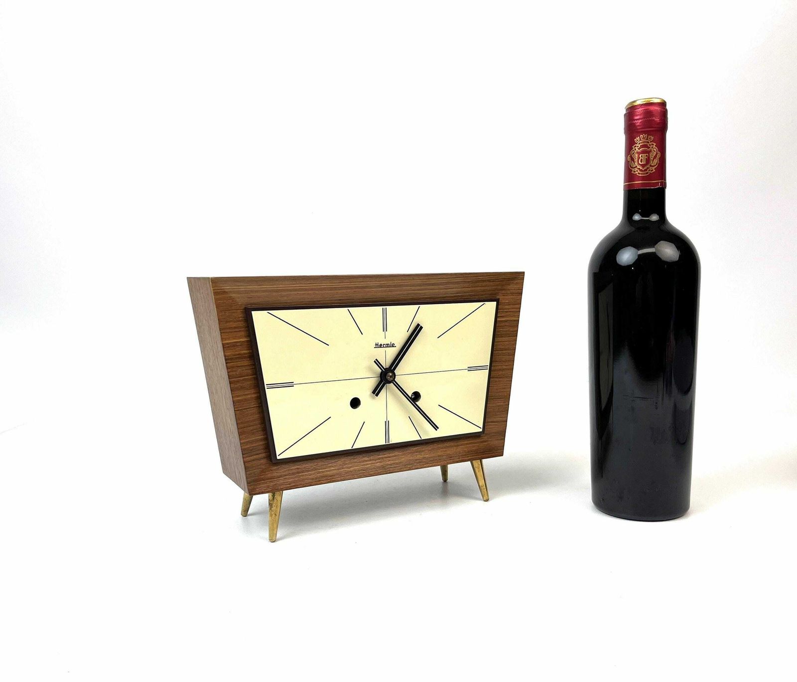 Rare Minimalist Mid Century Teak Desk Clock By Hermle Germany 1960 photo for sale