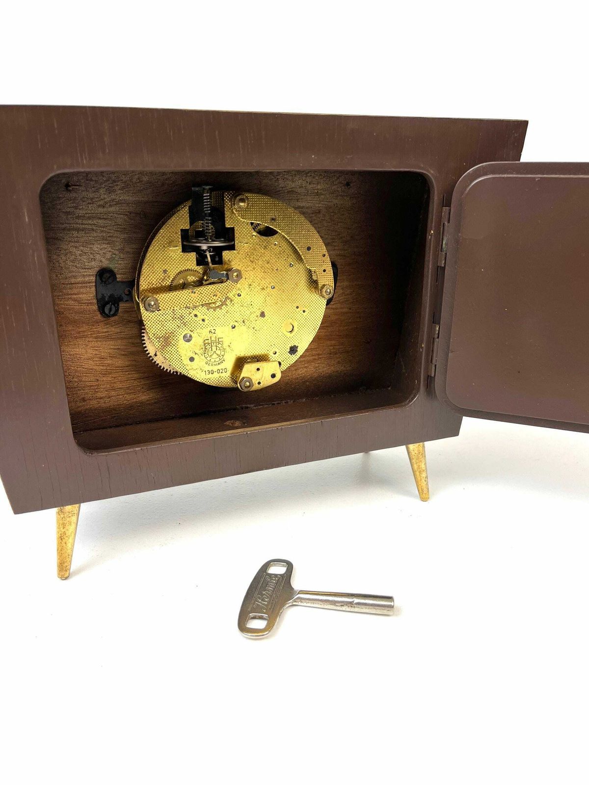 Rare Minimalist Mid Century Teak Desk Clock By Hermle Germany 1960 photo vintage