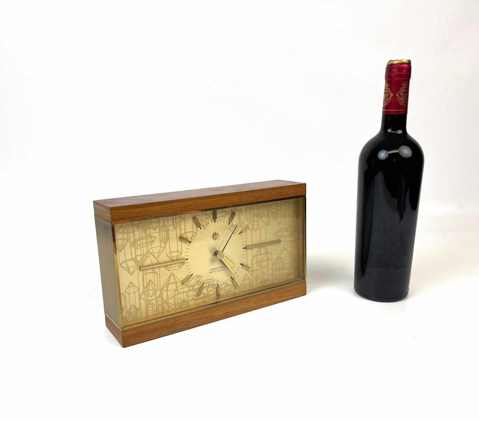 Stunning Mid Century Teak & Brass Desk Clock By Junghans Astro Quartz Germany 1960 photo for sale