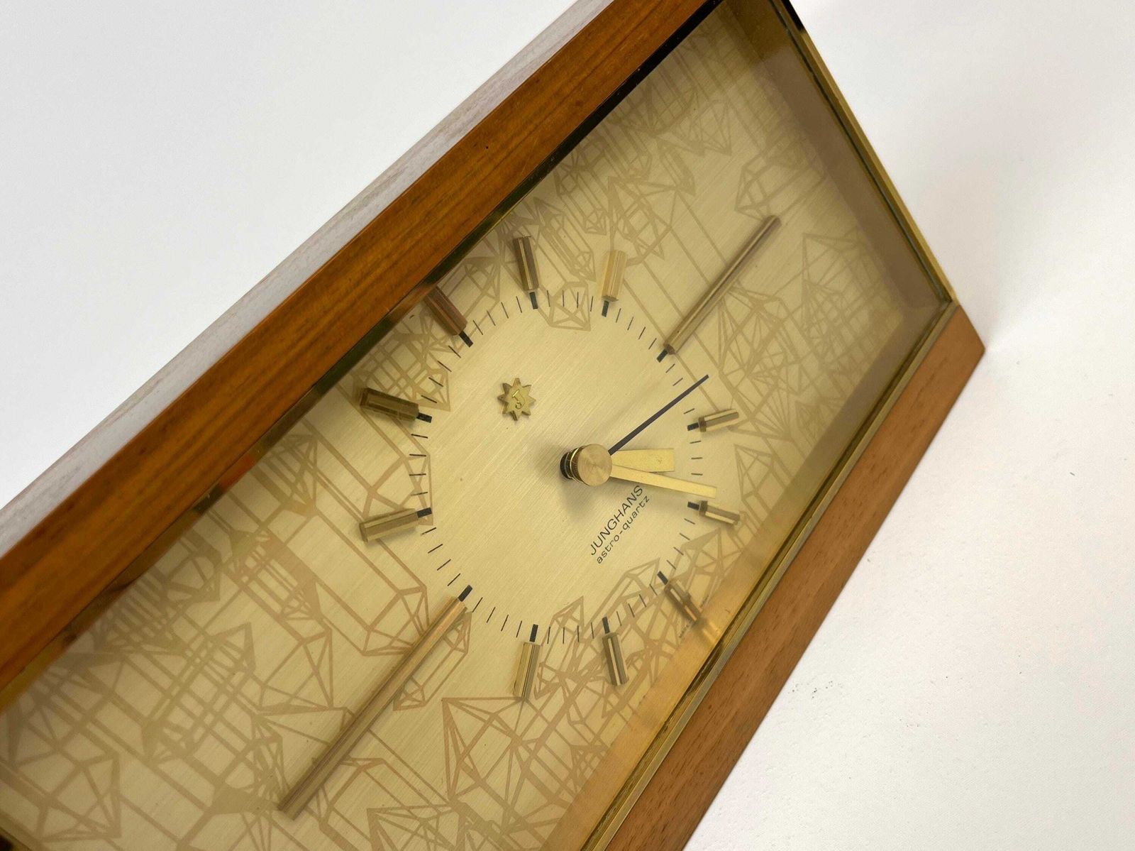 Stunning Mid Century Teak & Brass Desk Clock By Junghans Astro Quartz Germany 1960 photo 390.0