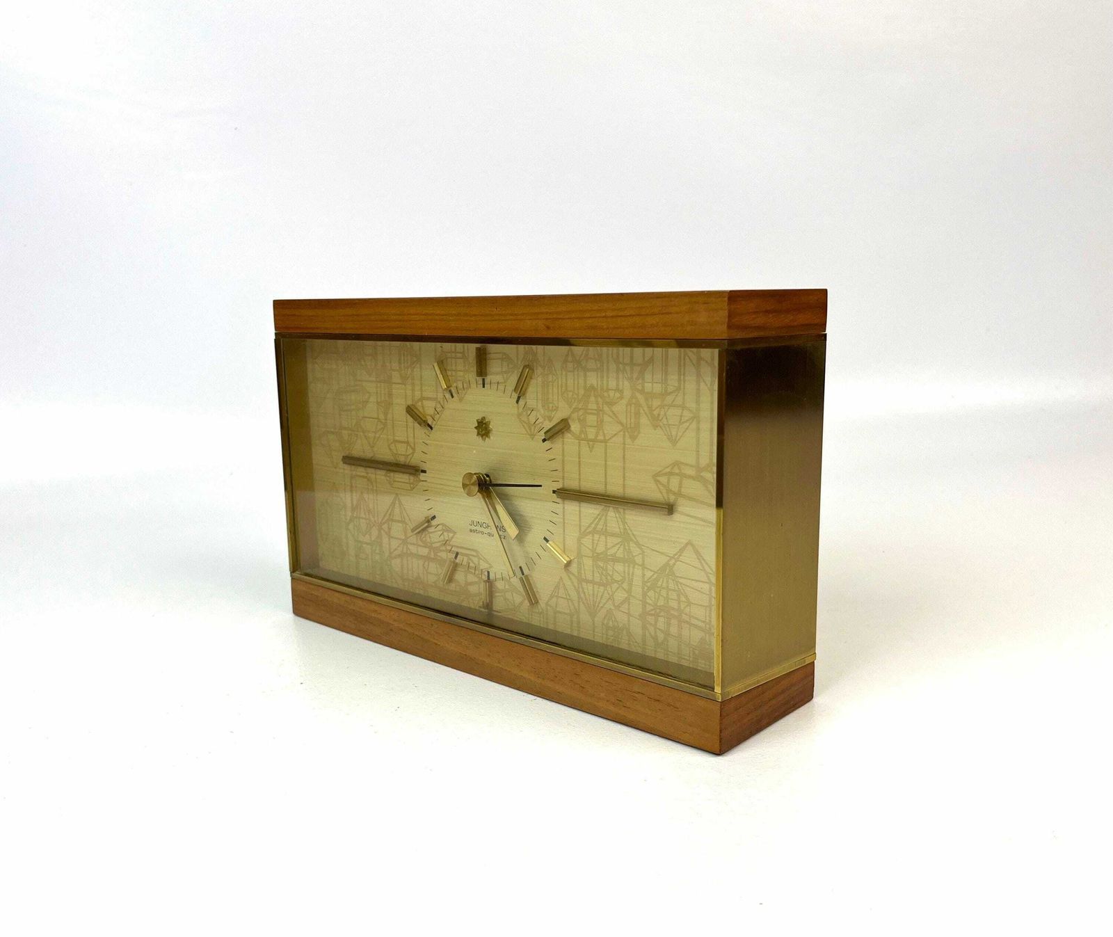 Stunning Mid Century Teak & Brass Desk Clock By Junghans Astro Quartz Germany 1960 photo buy